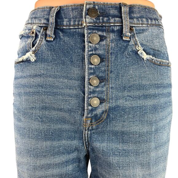 Abercrombie & Fitch Blue Denim Ultra High Rise Ripped Straight Mom Jeans Sz 27 - Picture 4 of 6